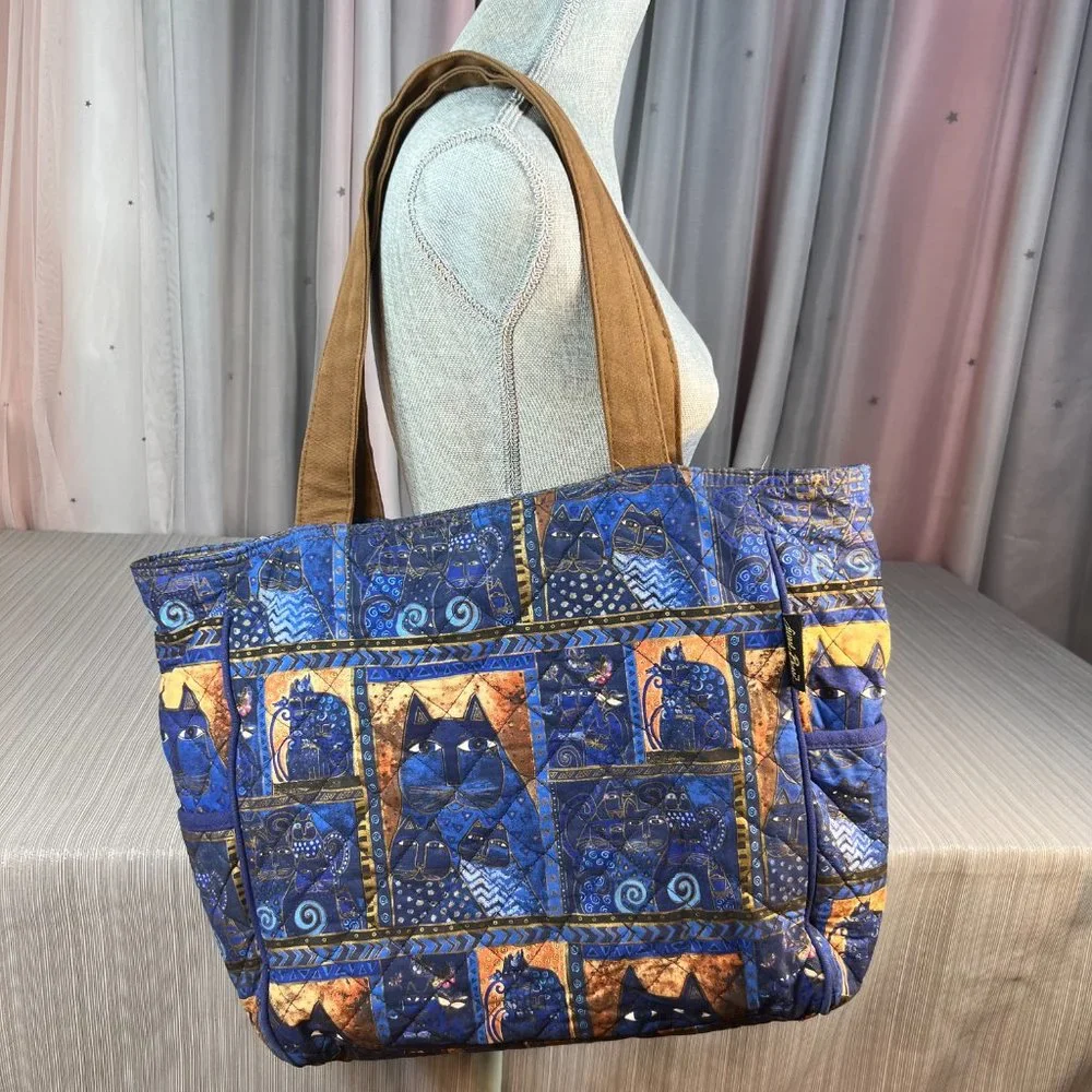 Laurel Burch Indigo Cats Patchwork Zippered Top Medium Tote - Picture 1 of 12